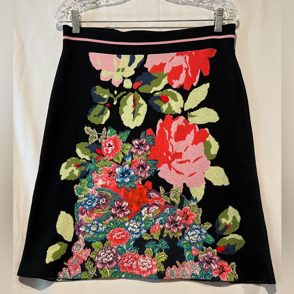 Anthropologie HWR Black Floral Knit Knee Length Skirt Embroidered Appliqué L